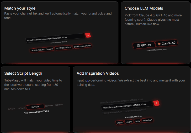 TubeMagic script settings — match channel style, choose Claude or GPT-4o, set video length